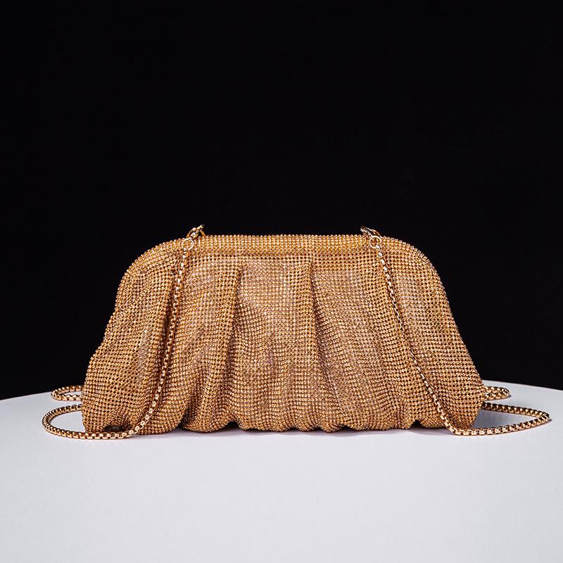 Shiny  Pleated Clutch Evening Bag for Women Chains Dumpling Bags New Folds Crystal Bags Bag
