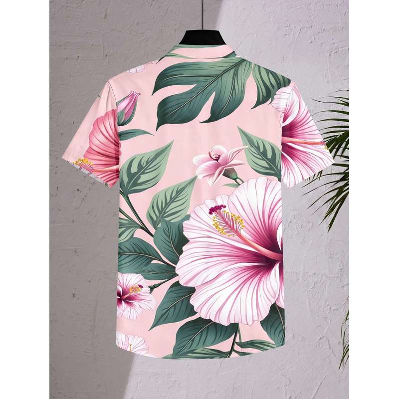 Women's Ombre Pink Hibiscus Leaf Print Button Shirt Casual Short Sleeve Machine Washable Top