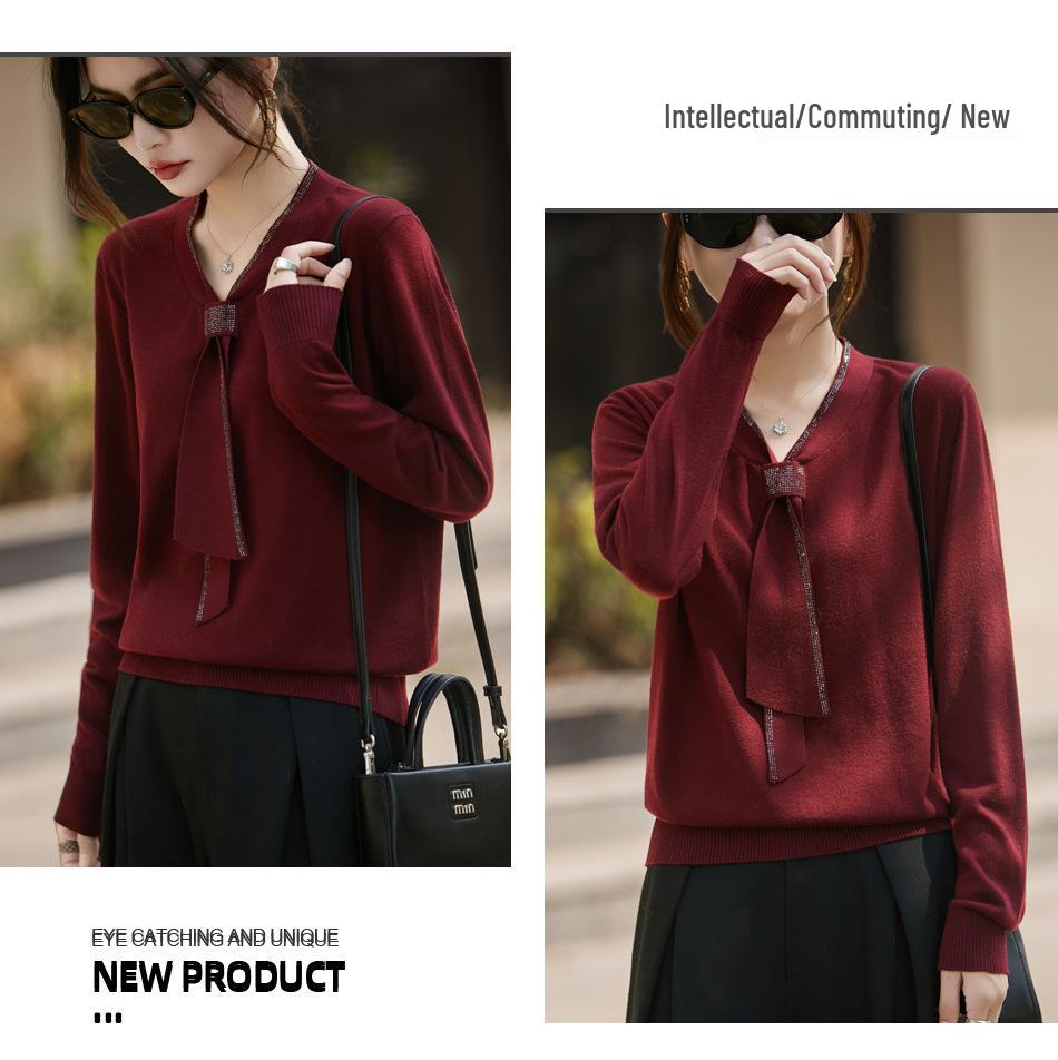 Women's Plus Size Rhinestone V-neck Knit Sweater - Autumn Fashion Long Sleeve Top