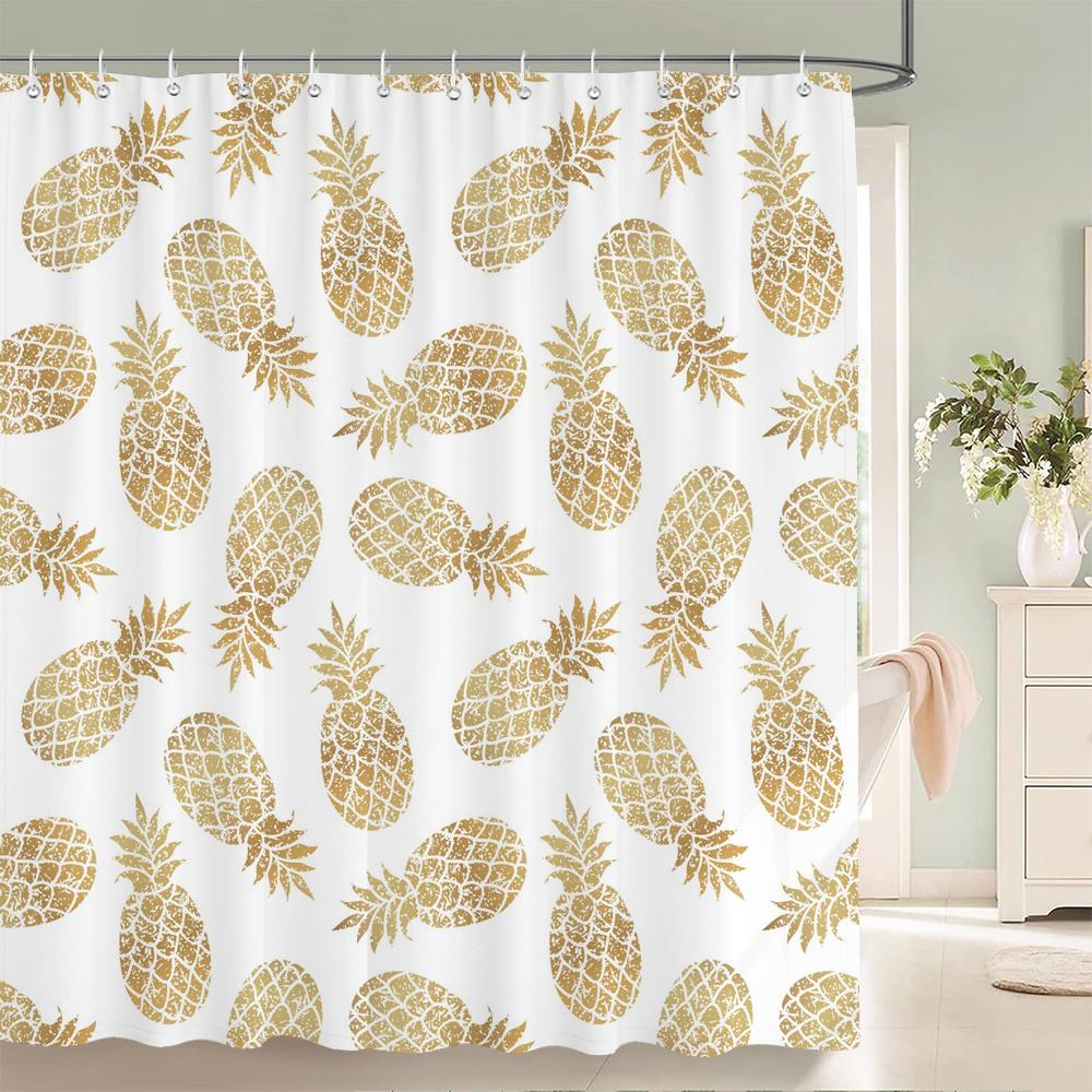 Summer Fruits Shower Curtain Cute Liner Peach Lemon Pineapple Orange Print Bath Curtain With Hooks Waterproof For Bathtub Decor