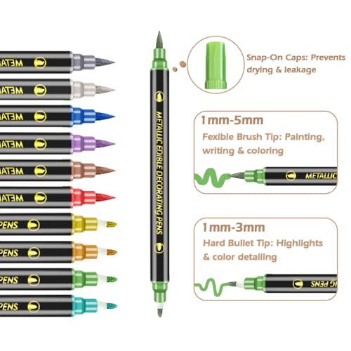 FUNSHOWCASE Food Coloring Pens, Metallic Pens, 10-Color Set, Double-Sided Line Drawing Pens, Food Coloring, Food Coloring Markers, Food Grade, for Swe
