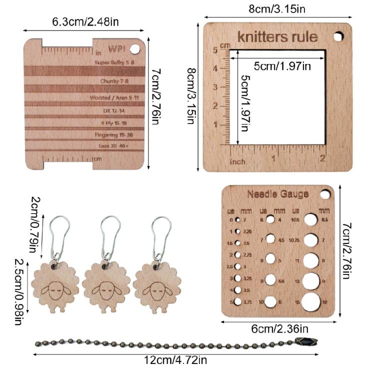 Knitting Needle Gauge Knitting Yarn Gauge Knitting Ruler Wood Knitting Gauge Tool Set for Beginner and Professional