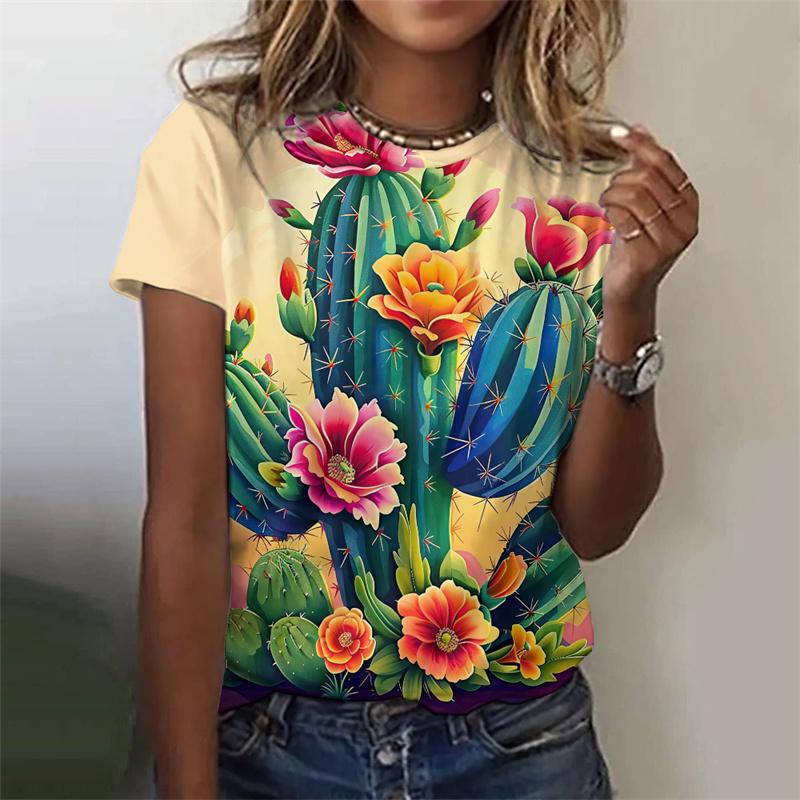 T-Shirt für Damen mit Blumen- und Kaktus-Muster, farbenfrohes Pflanzen-3D-Druck-T-Shirt, Sommermode, Street-T-Shirts, kurzärmelige Oberteile mit Rundhalsausschnitt