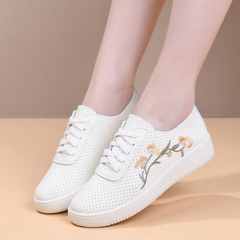 Women's White Leather & Mesh Breathable Shoes - Soft Sole, Non-Slip, Korean Style for Spring/Summer