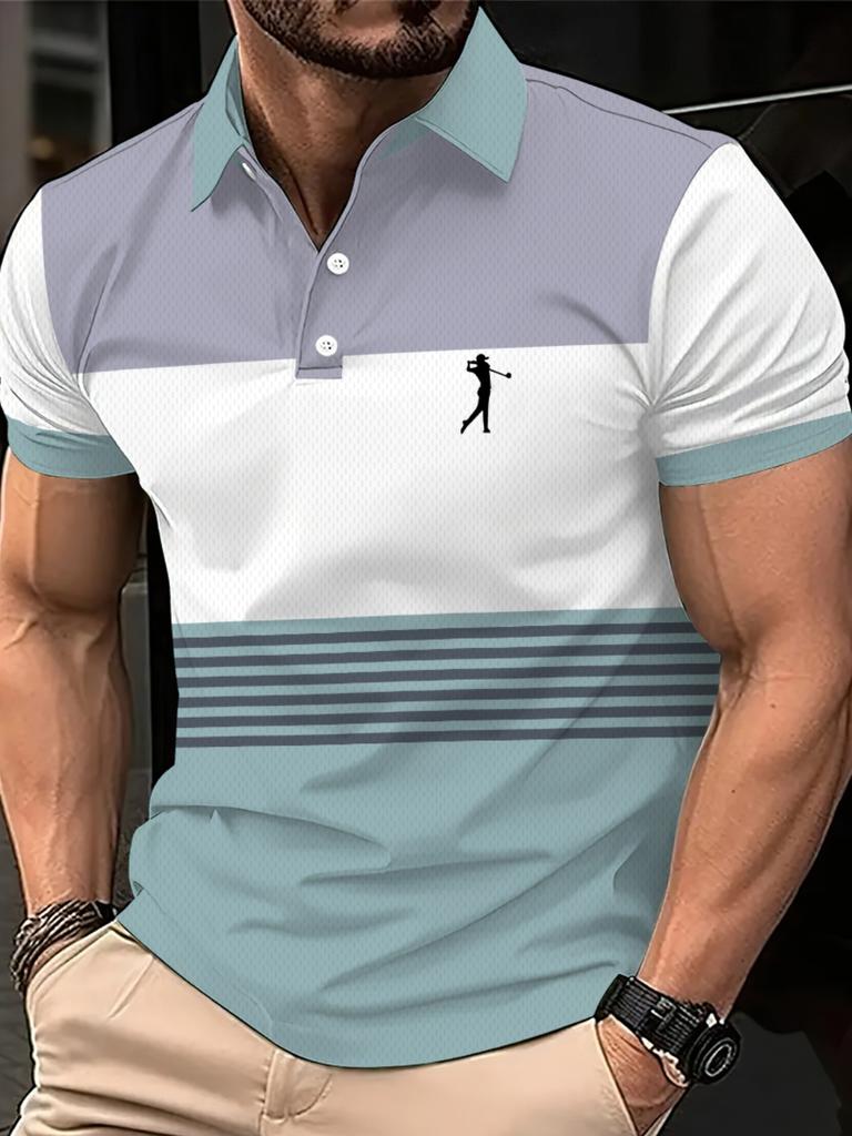 Printed Design – Not Textured Men's Digital Print Round Neck Short Sleeve Polo, Quick-Dry Breathable Polyester Material, Featuring "Letter" Print,