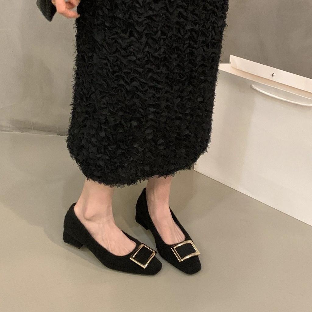 Coarse heel French black suede single shoes autumn and winter plush shoes square head commuter shoes