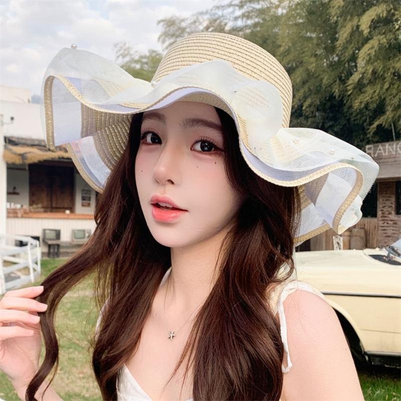 Straw hat women's summer French beach sunscreen sun hat big edge hat outdoor seaside visor travel vacation wind