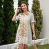 Women’s Casual Loose Fit Shirt Dress with Button Front Stand Collar Short Sleeve Patchwork Print Lightweight Design