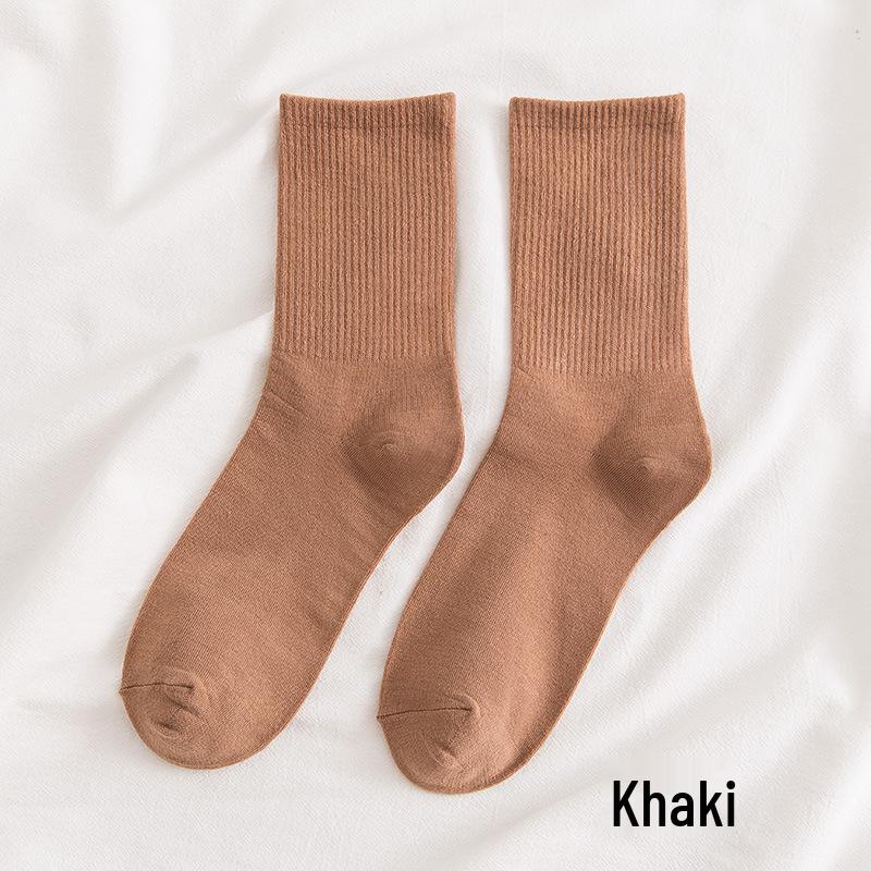 Women's Mid-Calf Cotton Socks - Solid Color, High Elasticity, Versatile Bubble Style for Autumn and Winter.