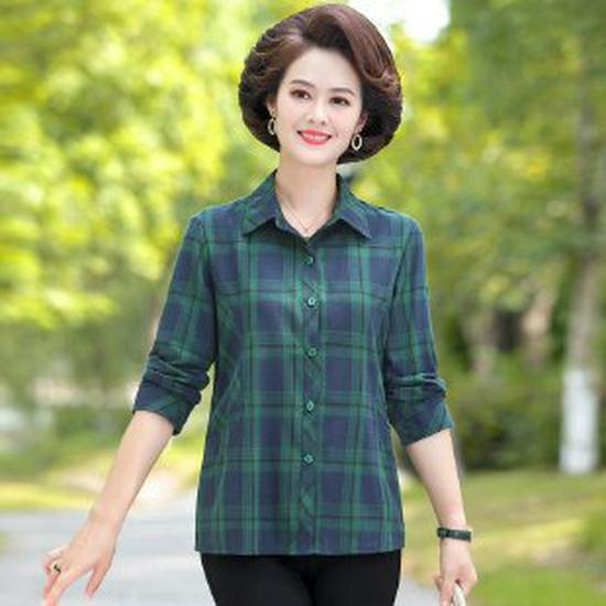 Mother s Spring/Autumn Plaid Long-Sleeve Shirt: Middle-Aged & Elderly Women s Loose Casual Top 2XL