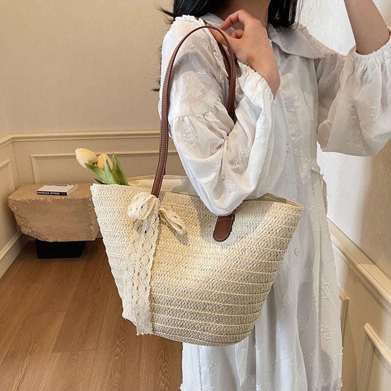 Women's Large Capacity New Vacation Beach Straw Shoulder Bag Woven Commuter Bucket Bag Basket Tote Bag