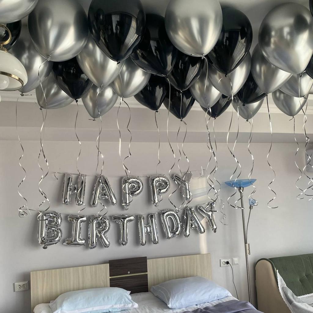 Black Silver Party Birthday Banner Heart-Shaped Aluminum Foil Balloon Rose Petals, Birthday, Anniversary, Atmosphere Decoration