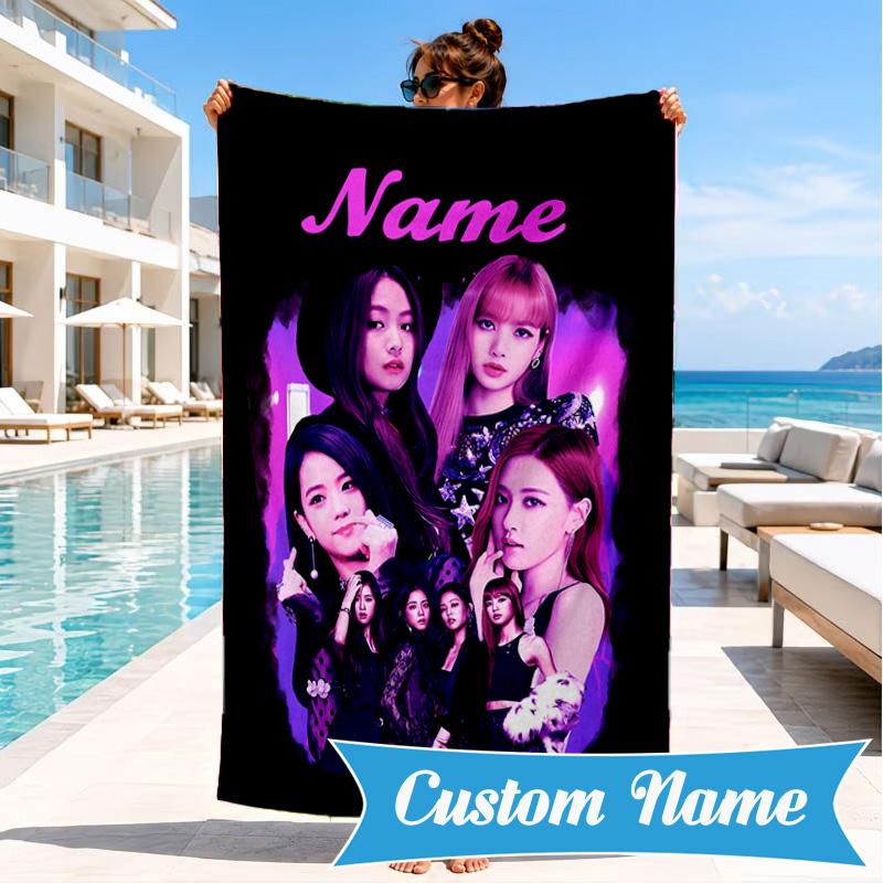 Custom Name Kpop Aesthetic Collage Beach Towel Microfiber Beach Towel, Lightweight and Quick-Dry, for Summer Travel, Swimming Pool Gift