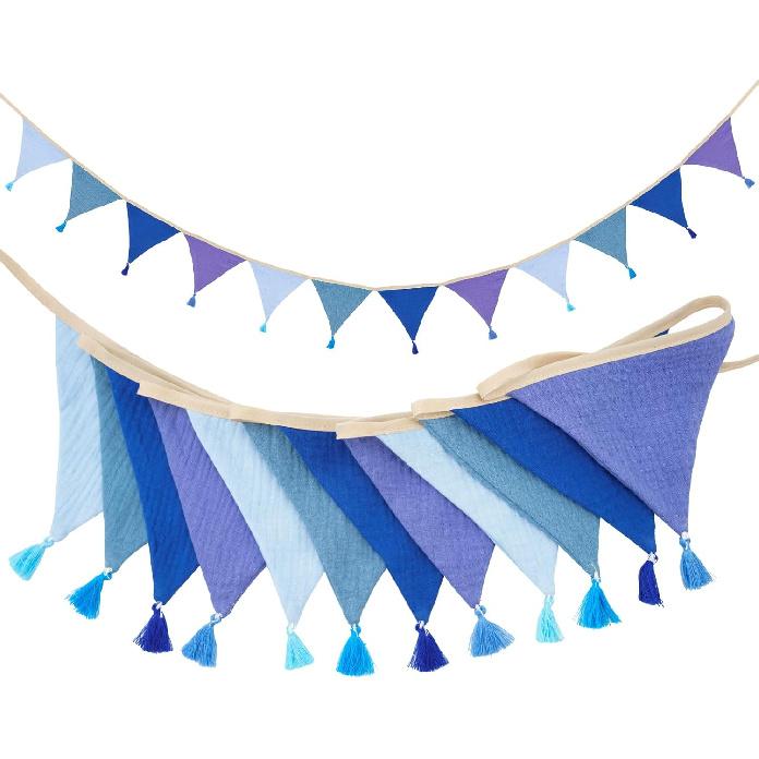 G2PLUS Cotton Fabric Bunting Banner, 9Ft Colorful Triangle Pennant Banner Flag, 12pcs Double-Sided Bunting Garland with Tassels for Birthday, синий
