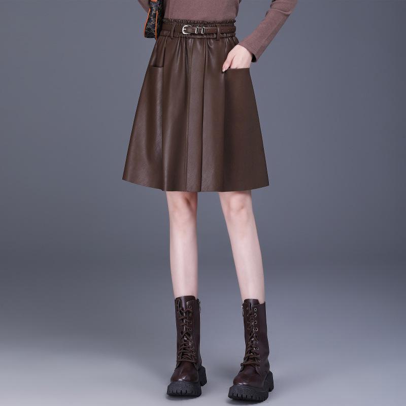 

High-Waisted A-Line Leather Skirt for Women, Autumn/Winter, Pleated Lambskin Midi Skirt, Age-Defying & Classic Design 28 кофейный