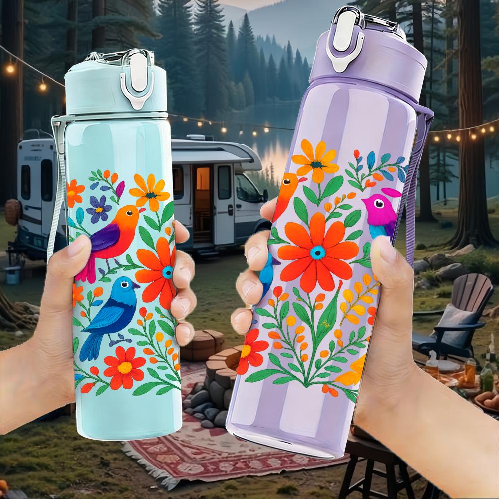 1PC Colorful Tropical Bird Group 750ml Color Plastic Sports Water Bottle Leakproof Flip Straw Lid For Sports Office Home Use
