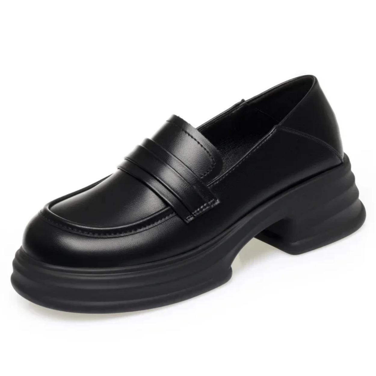 

5 см Винтажные лоферы в британском стиле из яркой кожи, обувь на толстой подошве-платформе 20285, осенние туфли на среднем квадратном каблуке для офиса, для мамы 36 чёрный