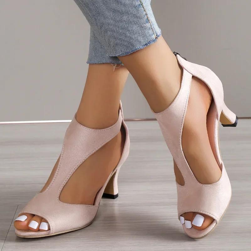 

Fashion 2025 Summer New Brushed Leather Fish Mouth Sandals Women s Back Zipper Sexy Solid Color Comfortable High Heel Single Shoes Women 35 бежевый
