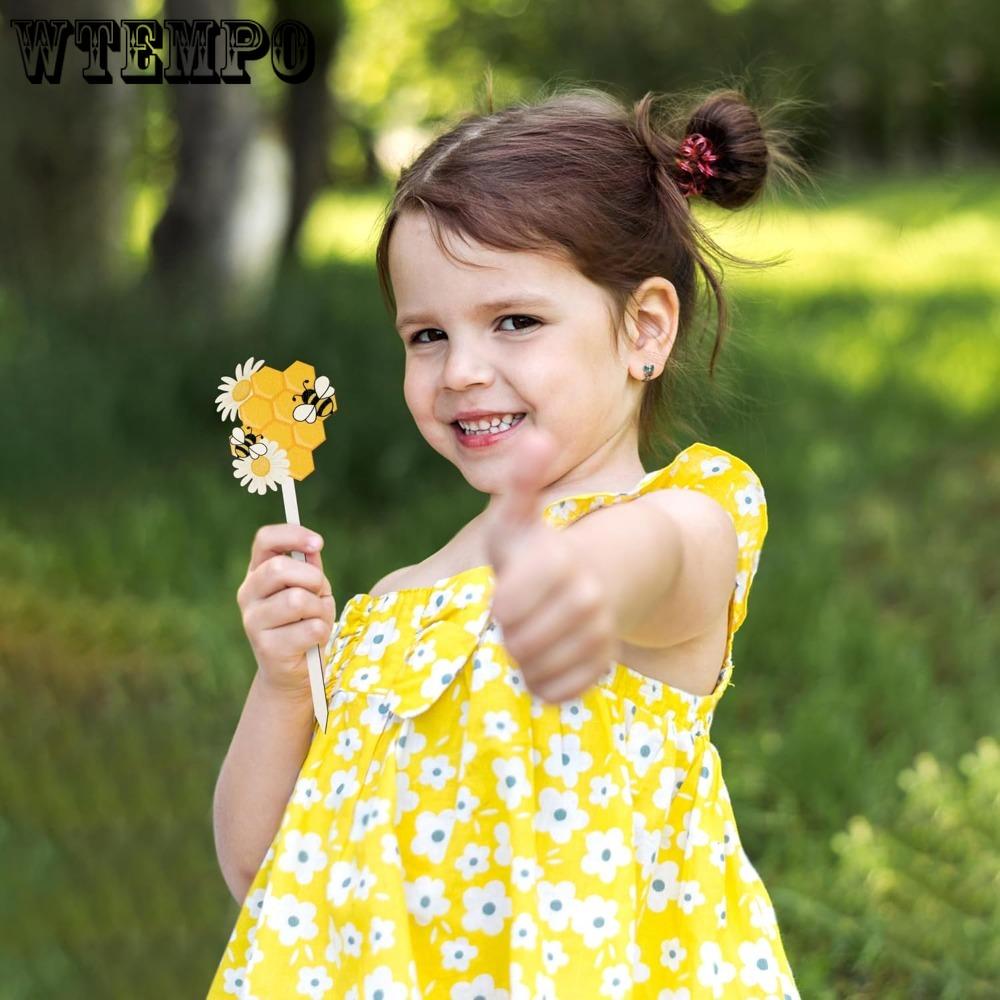 14pcs Bee Double-Sided Wooden Picks - Cute Honeybee Wooden Decorative Pick for Home Vase Filler Colorful Wood Bee Nectar Decorative Pick