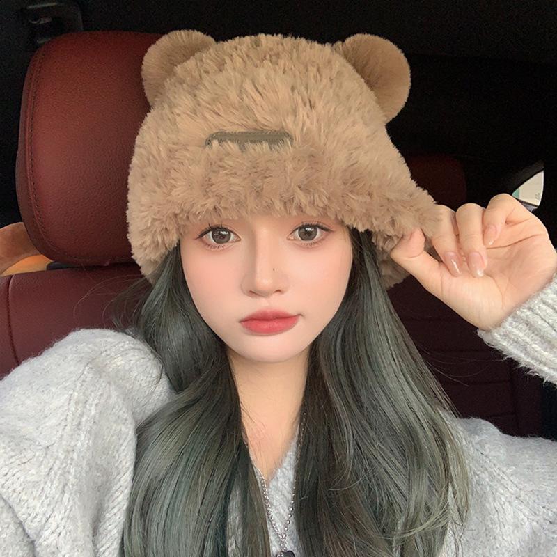 Pălărie de urs de pluș de toamnă și iarnă, șapcă nouă tricotată pentru femei, circumferința capului mare, căptușită cu blană, pălărie caldă de protecție a urechilor