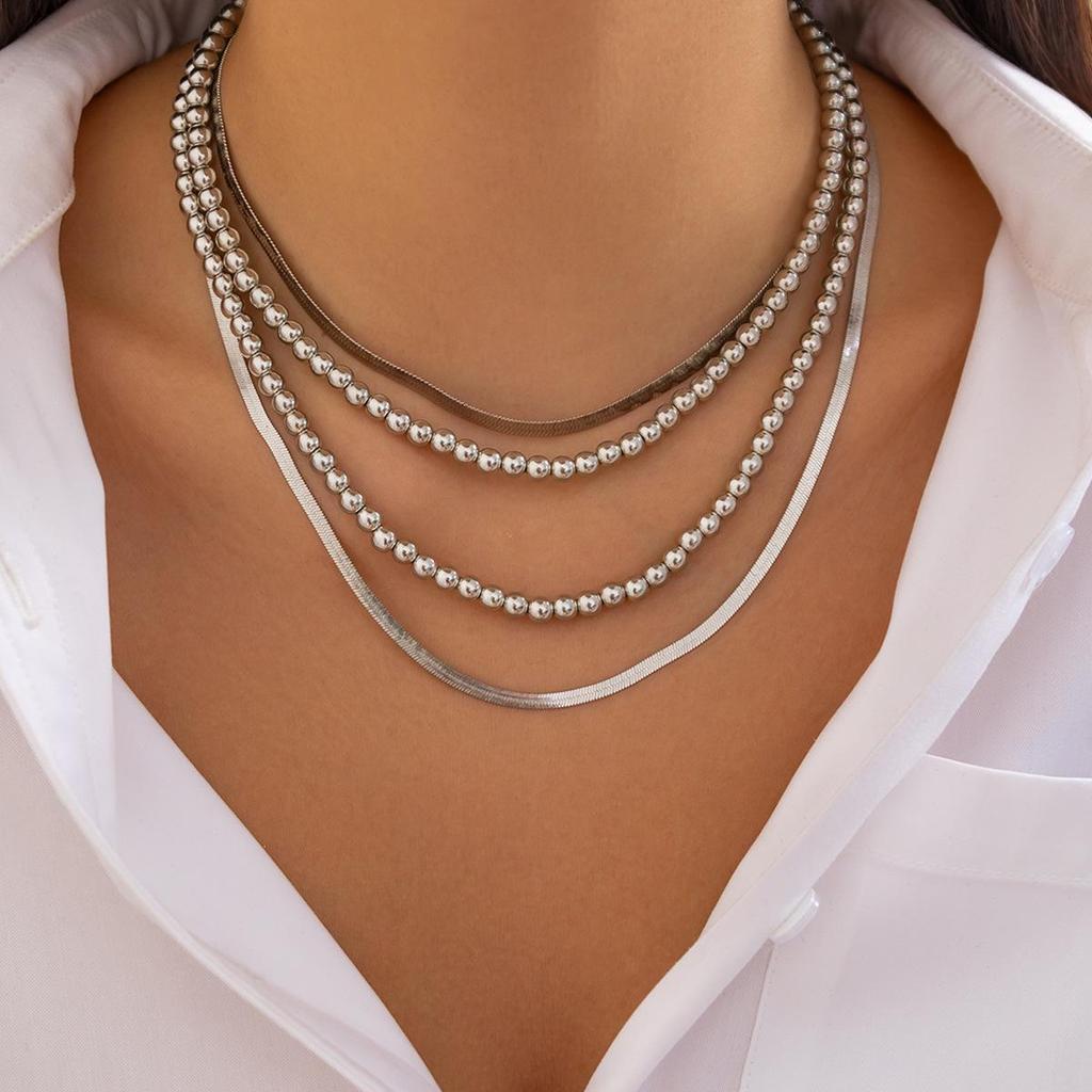 European & American Hip-Hop Style Beaded Flat Snake Chain Necklace Set with Geometric Metal Clavicle Chains