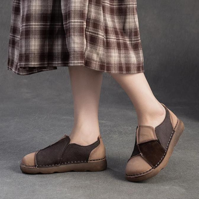 Johnature Retro Mixed Colors Soft Soled Flats Genuine Leather Comfortable Round Toe Women's Slip-on Shoes
