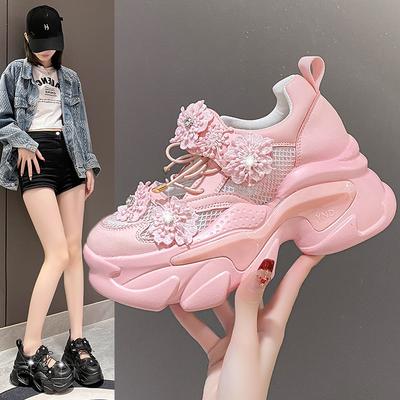 Women Platform Casual Breathable Crystal Flower Shoes Summer Chunky Sneakers 7.5Cm Hidden Heels Hollow Leisure Shoes Woman