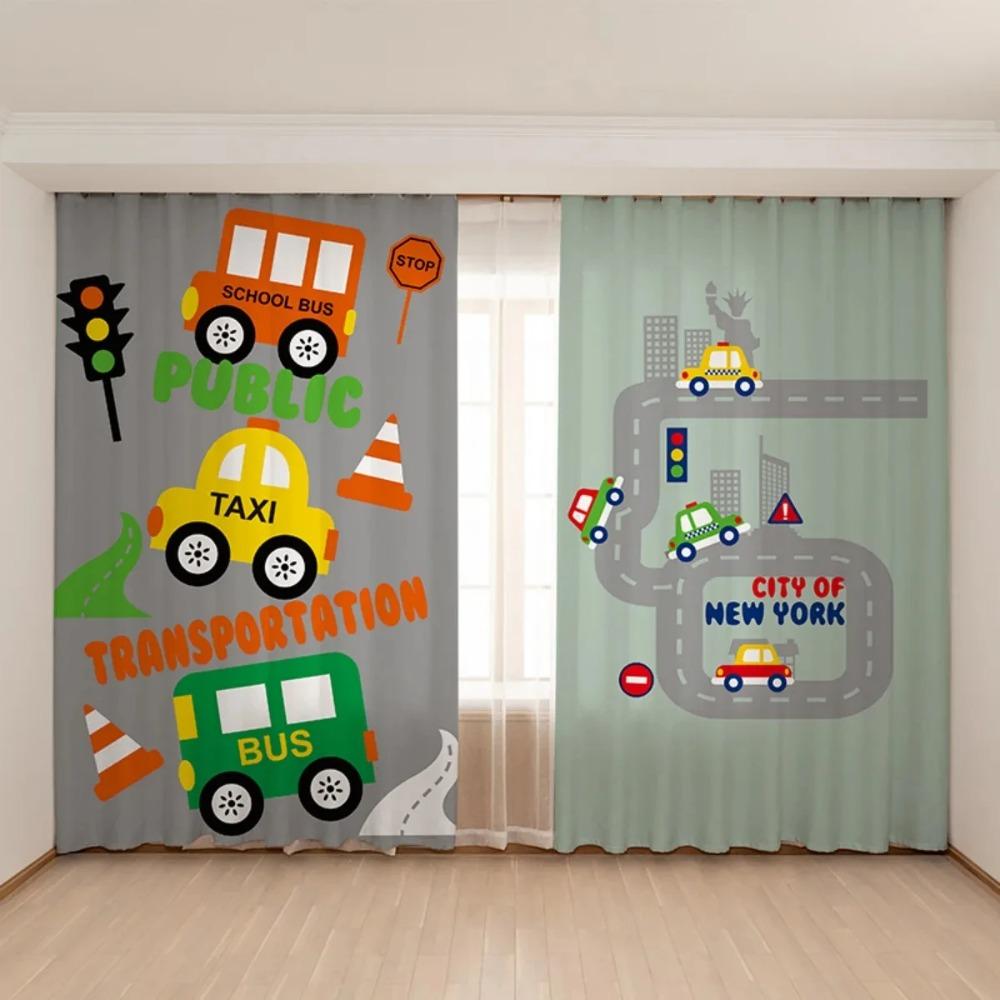 Ny Söt Blå Gul Leksaksbil Grävmaskin Gardin för Barnrum Pojksovrum Babyrum Fönster 2 Paneler Hög Skuggning Nytt Mönster