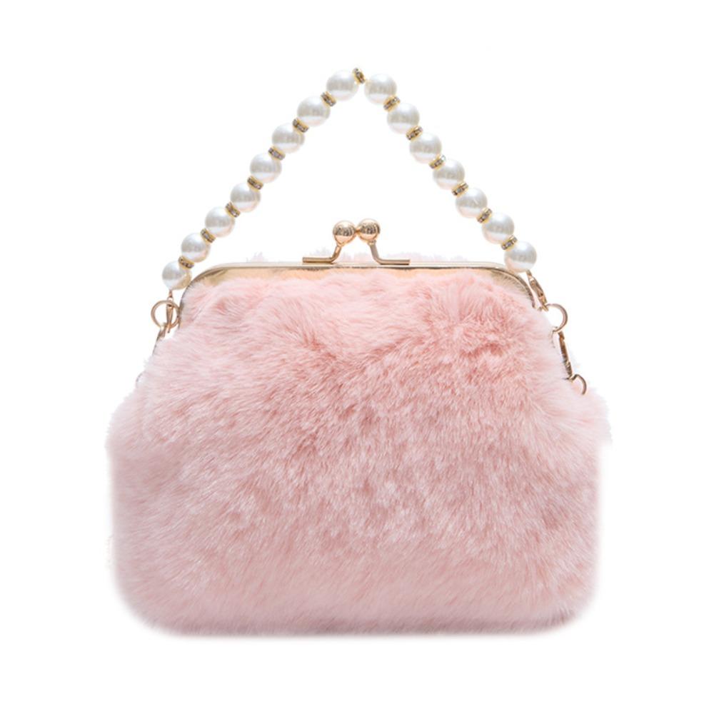 

Trendy Pearl Evening Bag Kiss Lock Fluffy Faux Fur Handbag Cheongsam Accessories Single Shoulder Shell Crossbody Bag Wedding рожевий