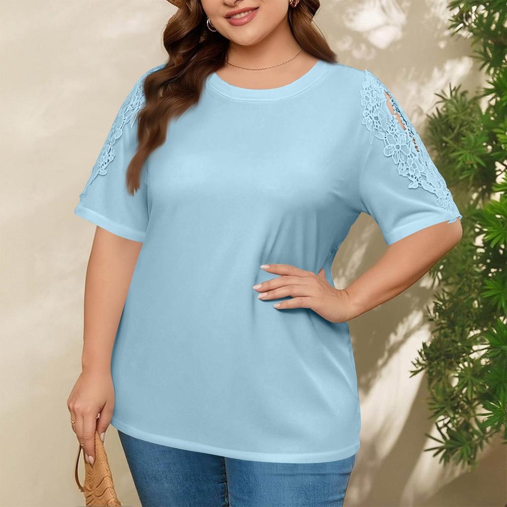 Plus Size Women's Fashion Casual Loose Elegant Off-shoulder Hollow-out Short-sleeve T-shirt Top