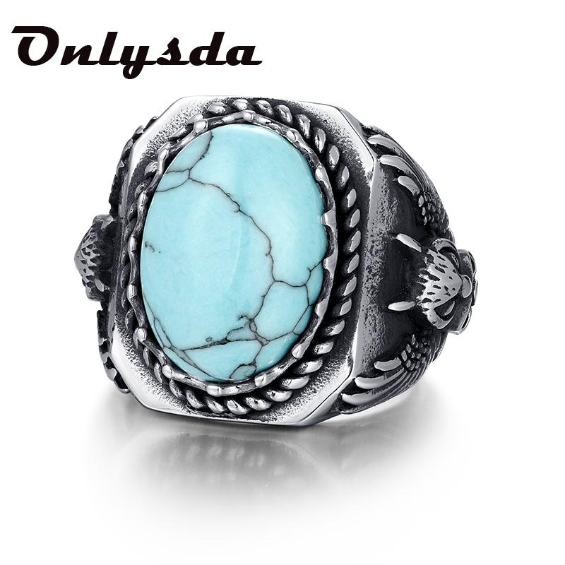 

Statement Punk Rock Stylish Signet Rings for Men, Bat Ring with Round Blue Stone, Stainless Steel Metal Party Jewelry ,US Size 7