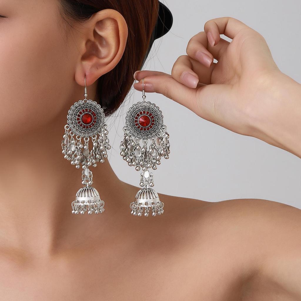 Colorful Rhinestone Tassel Earrings - Yunnan Ethnic Style for Women
