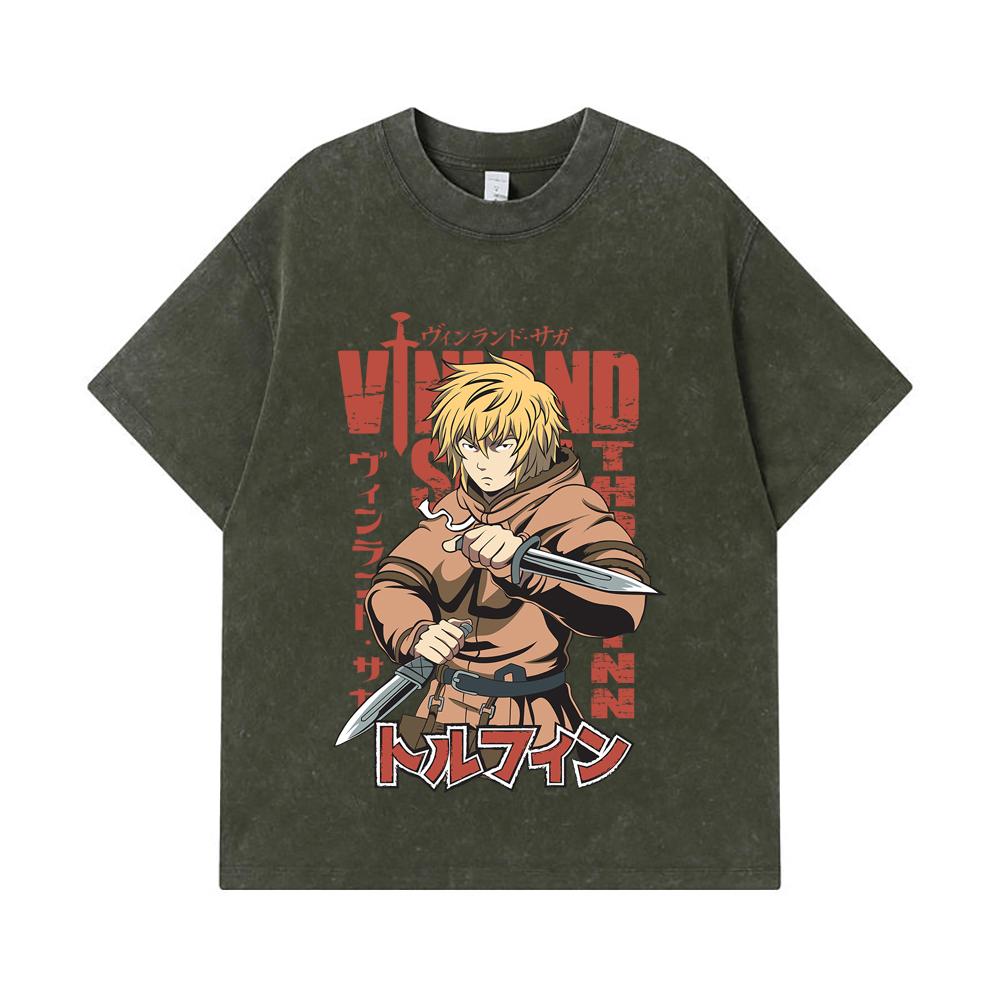 

275 GSM Washed T-shirts 100% Cotton Vinland Saga V1 Thorfinn Print Unisex Heavy Cotton T Shirt S армия зеленый