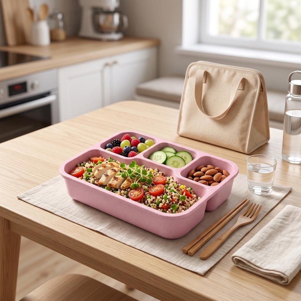 Κουτί Bento με 4 Θήκες, 1 Συσκευασία Κουτί Μεσημεριανού από Άχυρο με Καπάκι, Φορητό Δοχείο Φαγητού για Προετοιμασία Γευμάτων, Ταξίδι, Σχολείο, Εργασία