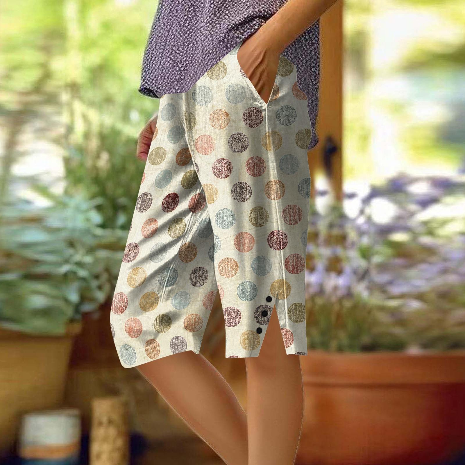 Women s Printing Pants Fashionable Pocket Elastic Waist Casual Shorts L бежевый