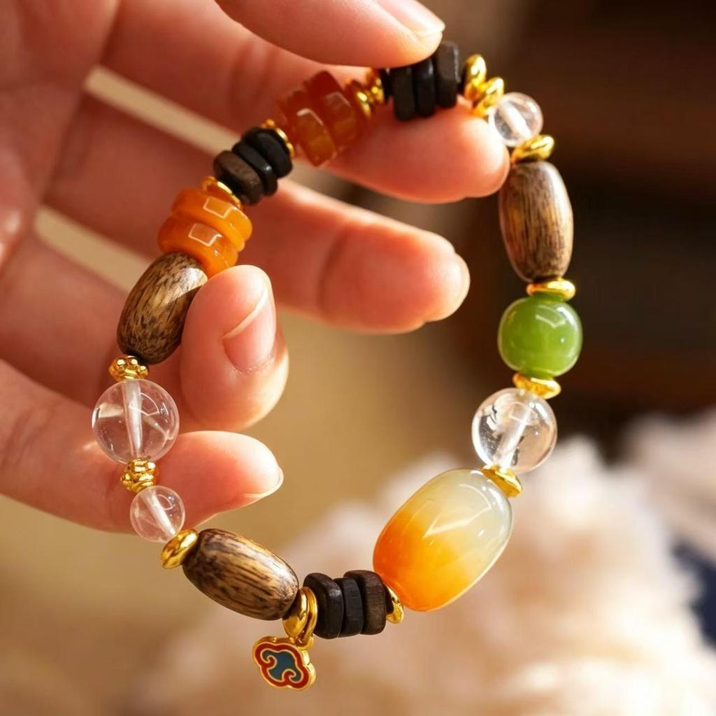 Exquisite Agarwood White Crystal & Imitation Beeswax Carved Bracelet