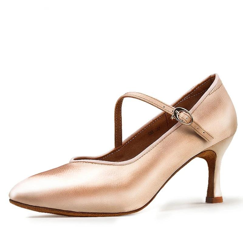 Standard Damen Tanzschuhe Tan Satin Mädchen Hoher Niedriger Absatz Damen Ballsaal Damenschuh Weiche Sohle Moderne Ballettschuhe