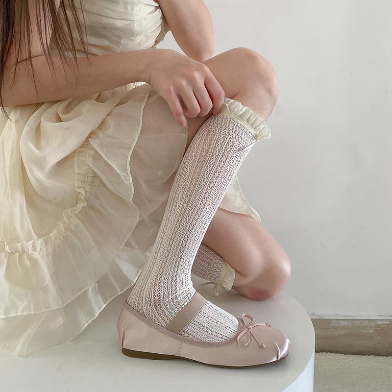 Girls  Ballet Style Lace Bow Flower Mesh Ruffle Edge Women s Mid-Calf Socks One Size бежевый