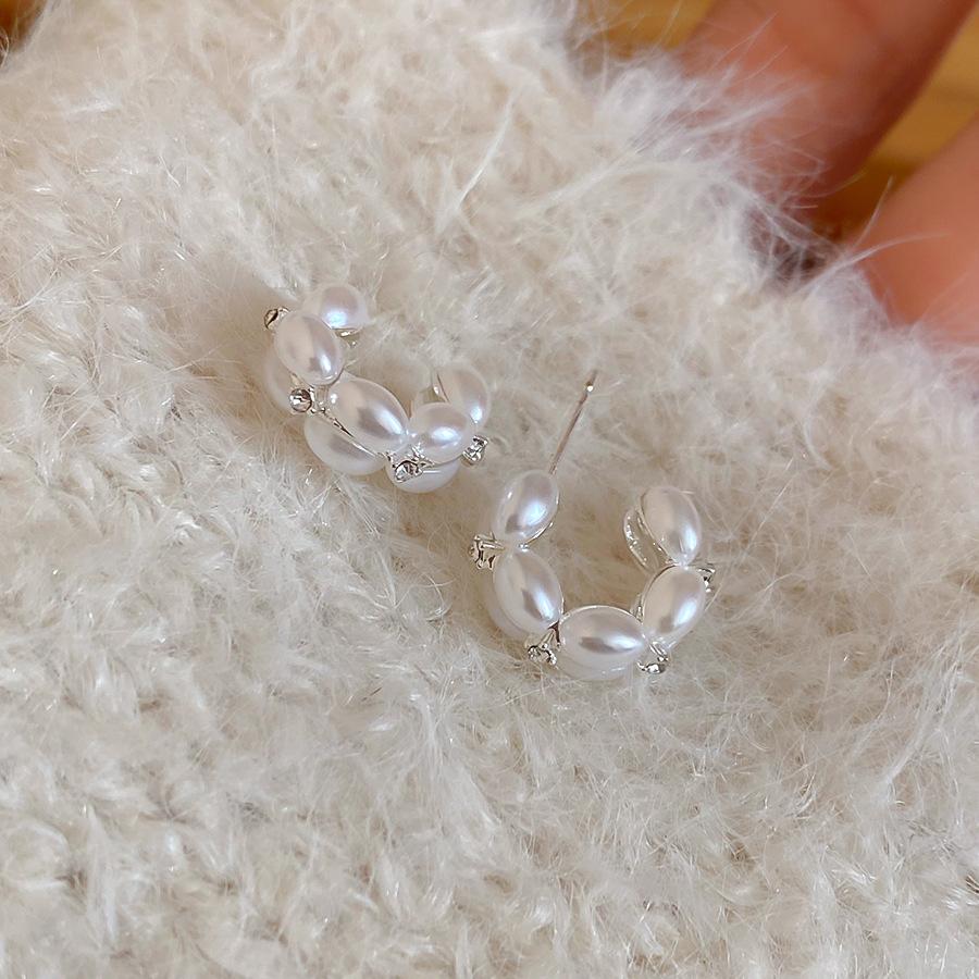 Silver Needle Diamond C-Shaped Pearl Stud Earrings French Elegant Retro Temperament Earrings Earrings Women