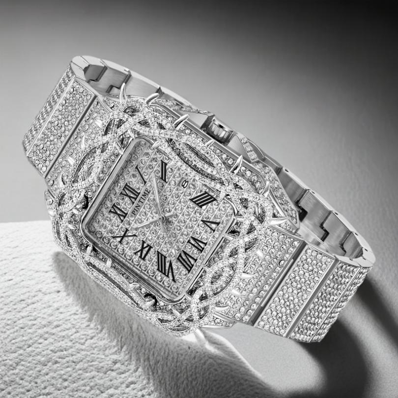 Y2k Watch For Men Fashion Luxury Gold Square Diamond Full Sky Star Male Clock Watches New Skeleton Flower Quartz Wristwatch