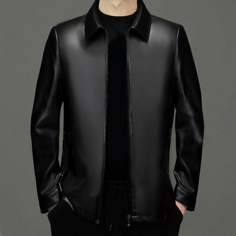 Haining is so good leather jacket spring and autumn new men's middle-aged and elderly fashion business lapel leather jacket sheepskin pattern jacket