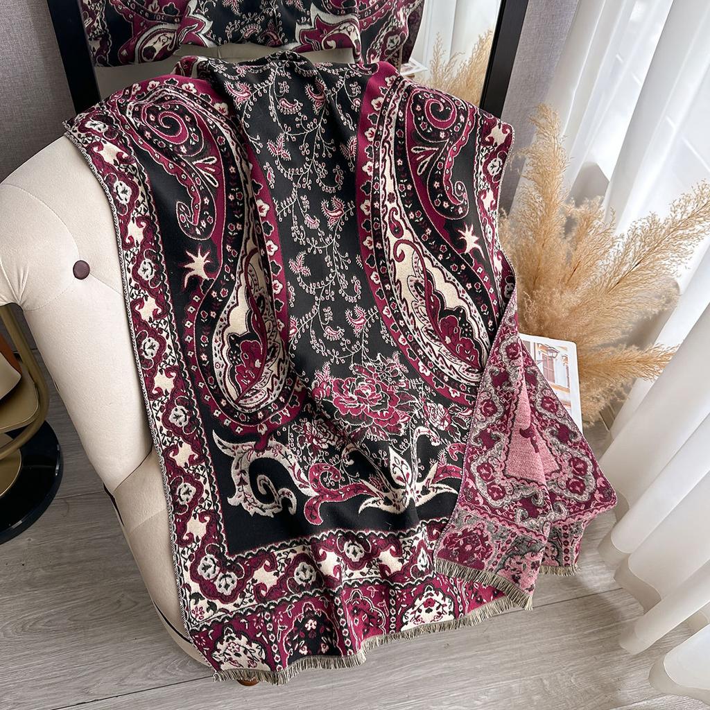 Tjock halsduk i imiterad kashmir för damer, vinter, dubbelsidig, kontrastfärg, jacquard, cashewmönster, retro etnisk stil sjal