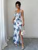 Women's Spaghetti Strap Printed Maxi Dress with Slit - Elegant Spring/Summer Evening & Vacation Attire