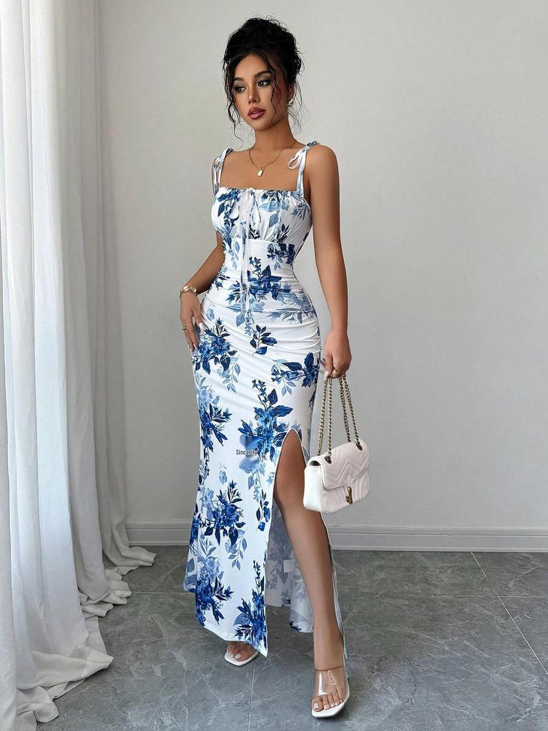 Women's Spaghetti Strap Printed Maxi Dress with Slit - Elegant Spring/Summer Evening & Vacation Attire