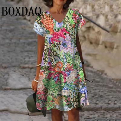 Large Sizes Dress Women Sundress Casual V-Neck Short Sleeve Loose Dress Summer Retro Flowers Plant Print Dress Plus Size