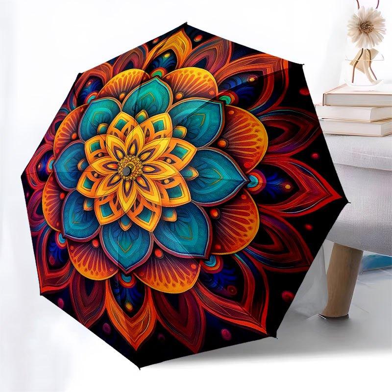 Vibrant Mandala Wall Art: Colorful Circular Decor for Any Space Umbrella, Cute Umbrella with Cute Design, Portable 3-Fold Compact Umbrella for Men & W