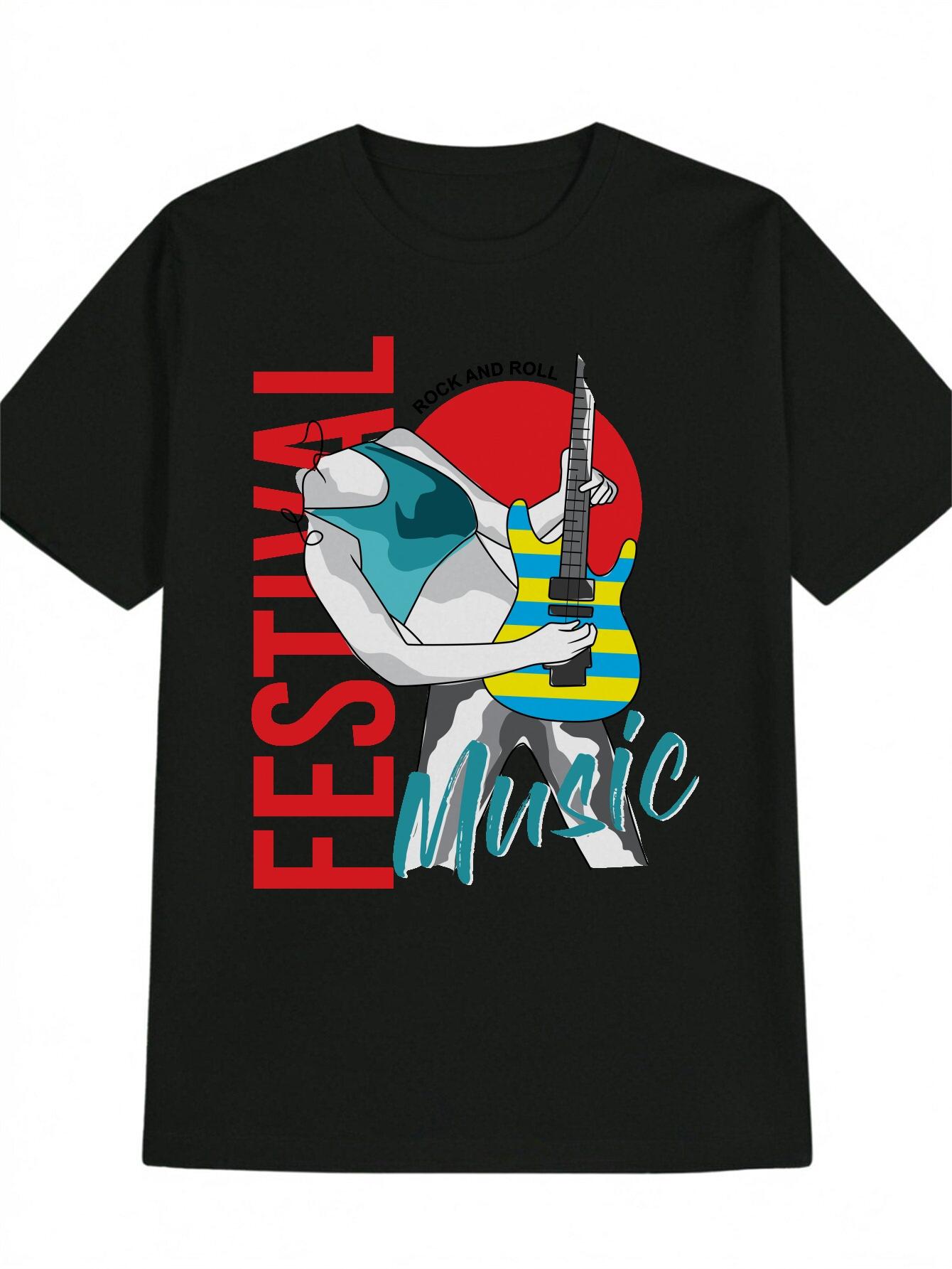 Casual Crew Neck T-shirt with Vibrant Electric Guitar Print XXL