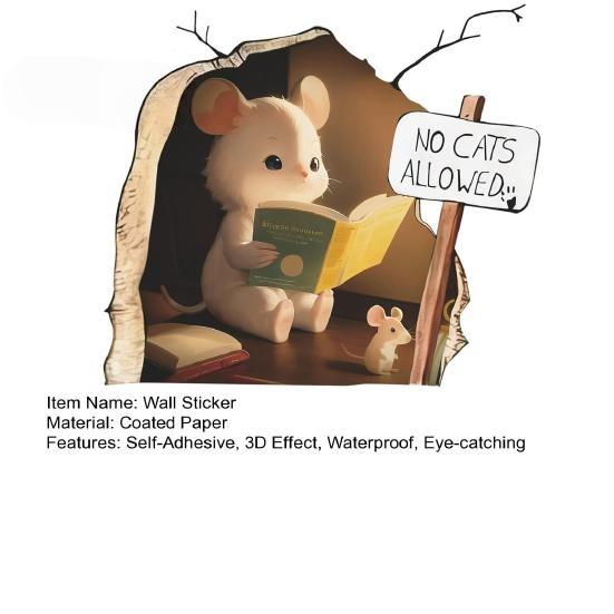 Mouse Wall Hole Sticker Mouse Reading Book Wall 3D Sticker Decal Funny Adorable Wall Corner Sticker Kids Room Nursery