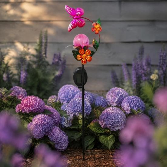 Nature Inspired Outdoor Accents Solar Glass Cracked Ball Garden Light, Butterfly Hummingbird Metal Weather Resistant Lawn Ornaments Stake Waterproof