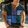 Men'S Summer T Shirt Retro Patchwork Button Short Sleeve Men'S Waffle Trendy Casual Breathable Button T Shirt Attendance Wear